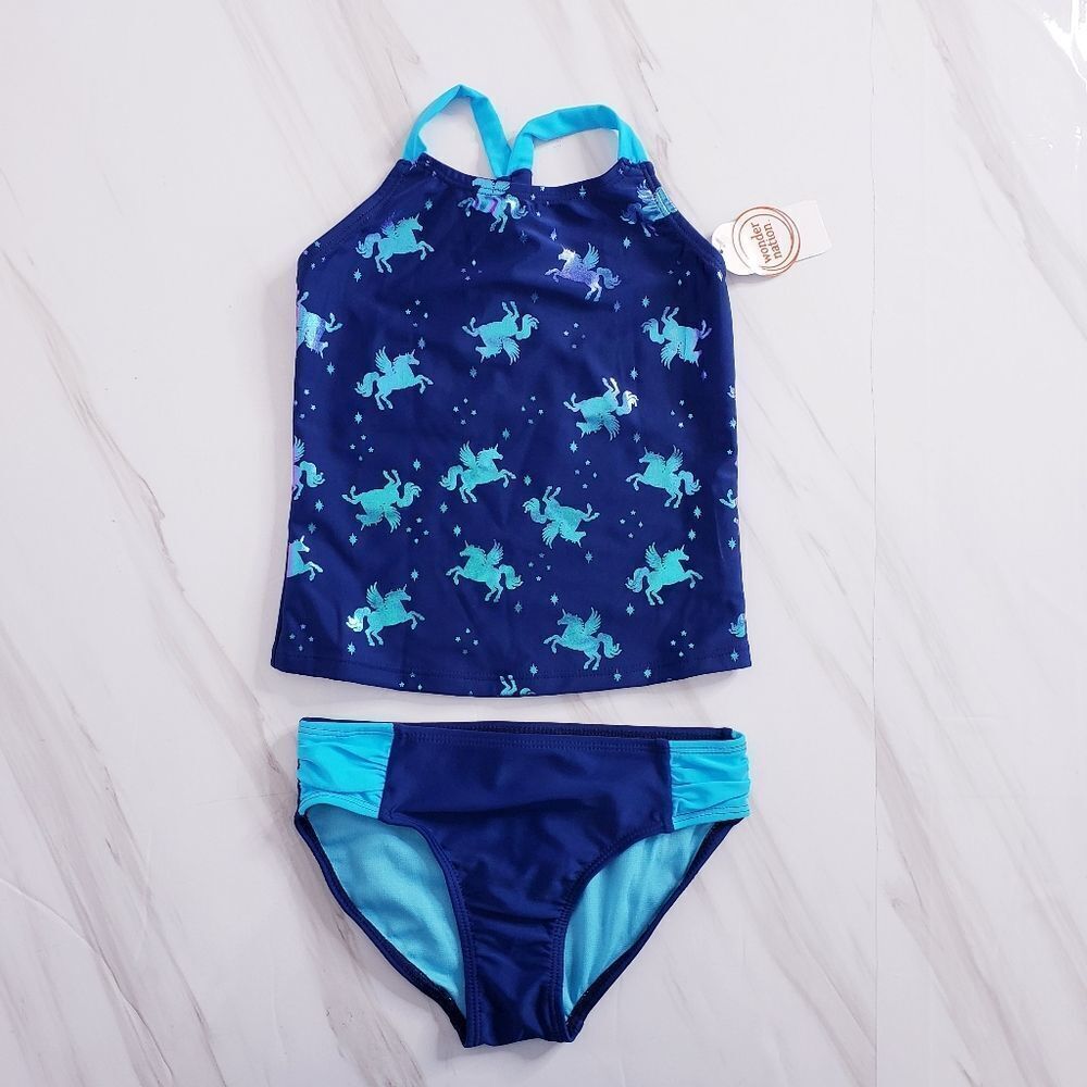 Kids 2 PC Set Tankini Unicorn Blue Sparkle Swimsuit Multicolor New